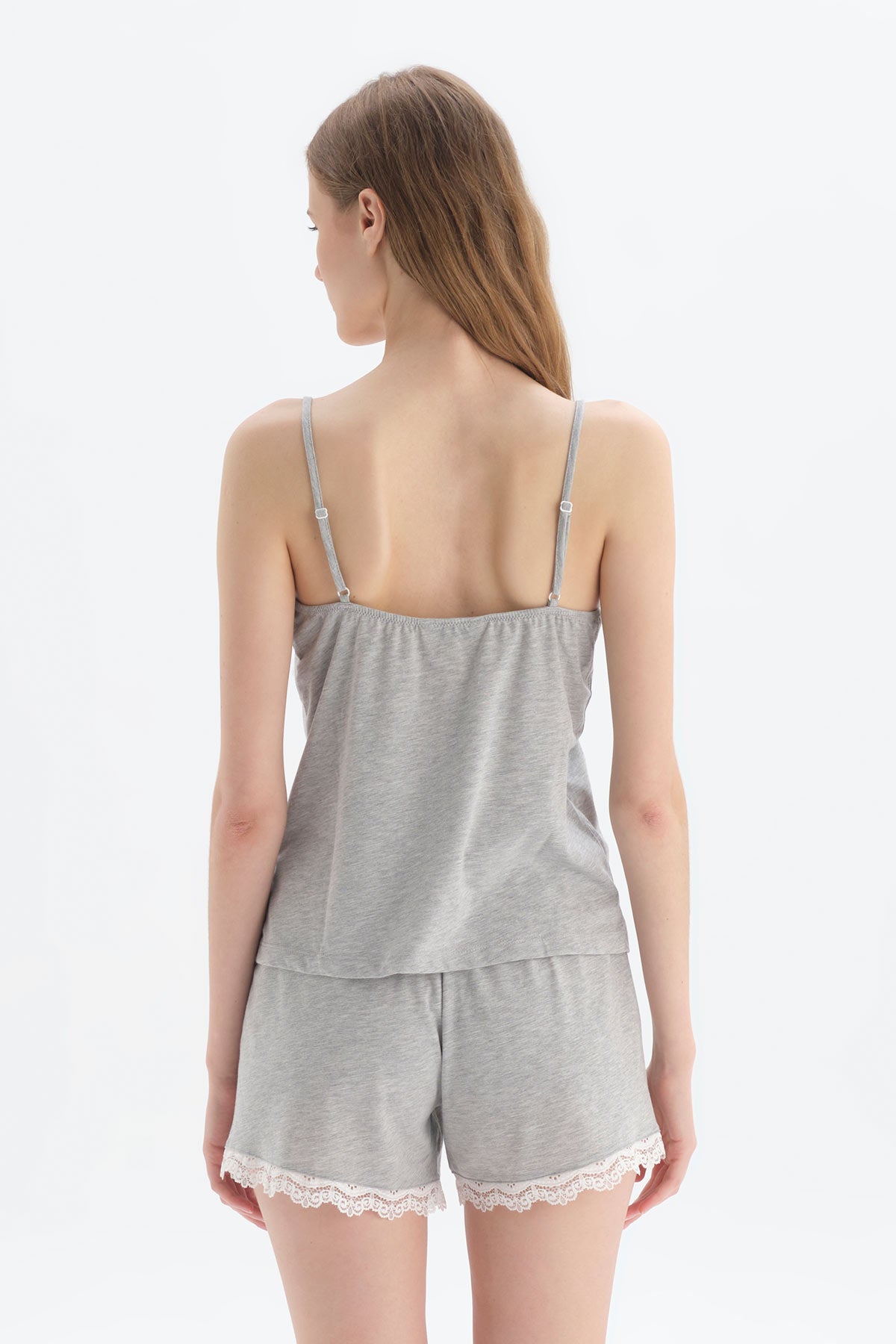 Gri Melanj Askılı Pamuk Şortlu Pijama Takımı