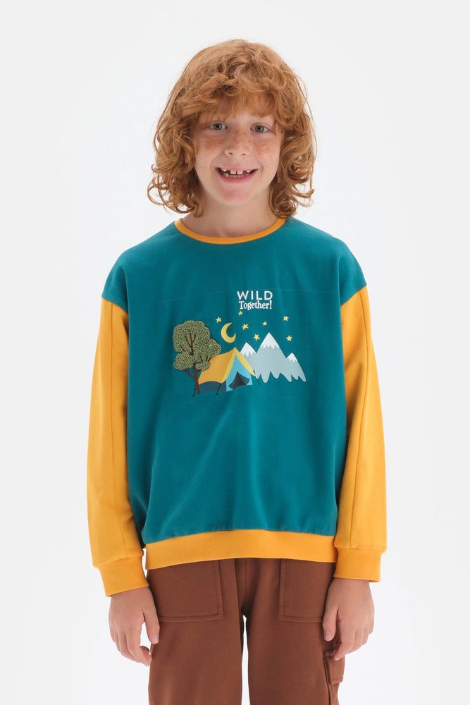 Yeşil Erkek Çocuk Uzun Kol Bisiklet Yaka Pamuklu T-Shirt