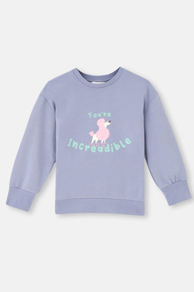 Buz Mavisi Buz si Uzun Kol Bisiklet Yaka Önü Baskılı Sweatshirt