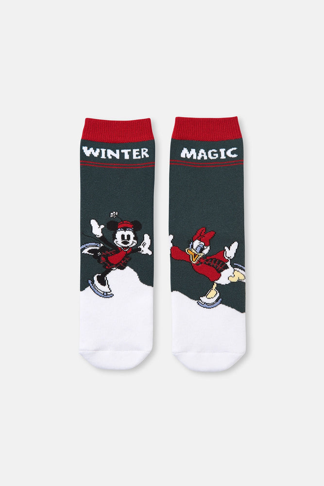 Koyu Yeşil Çocuk Disney Havlu Çorap Minnie Daisy