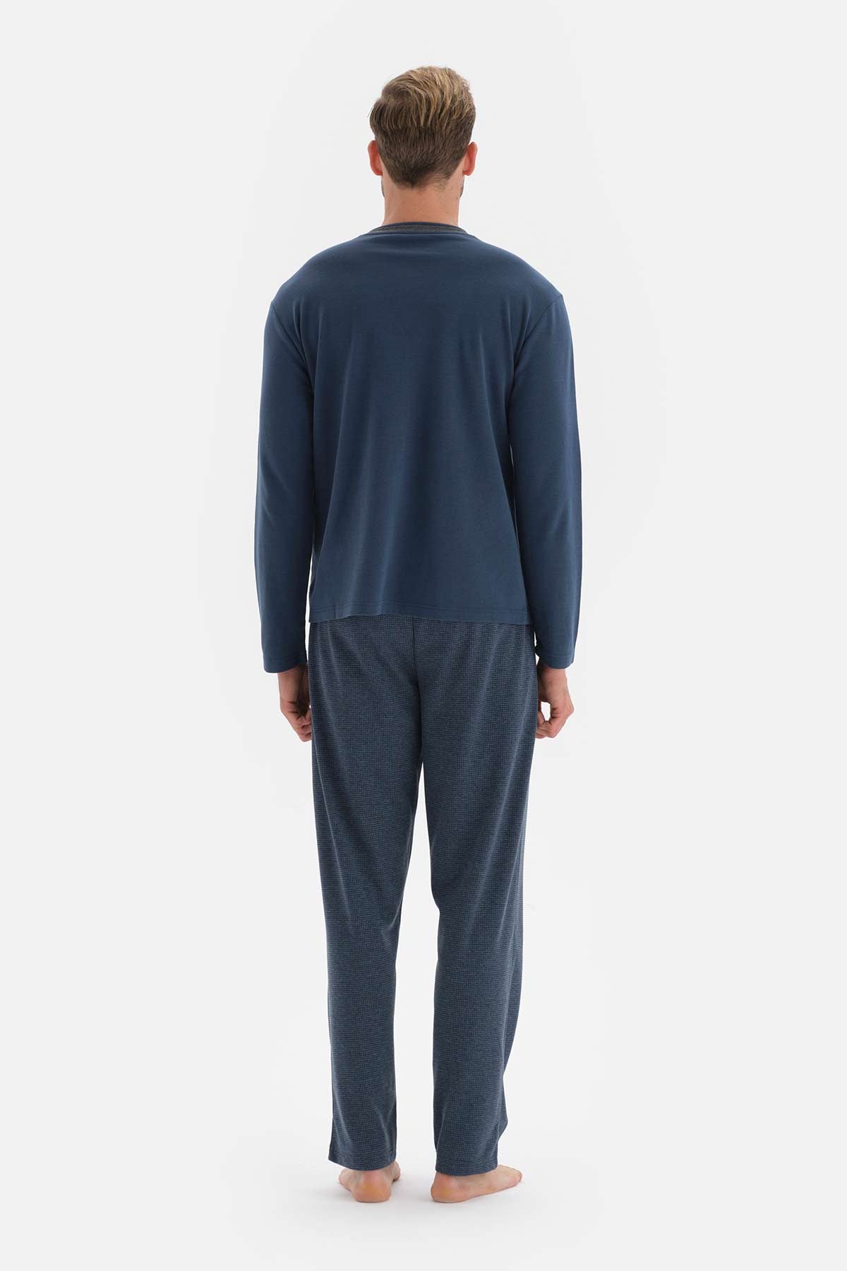 Indigo Uzun Kol Düğmeli Yaka Pamuklu Pijama Takımı