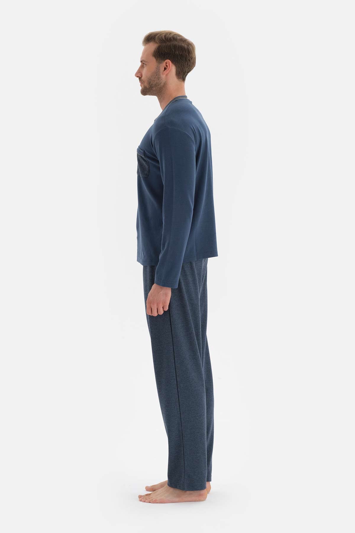 Indigo Uzun Kol Düğmeli Yaka Pamuklu Pijama Takımı