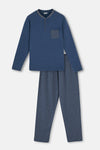 Indigo Uzun Kol Düğmeli Yaka Pamuklu Pijama Takımı