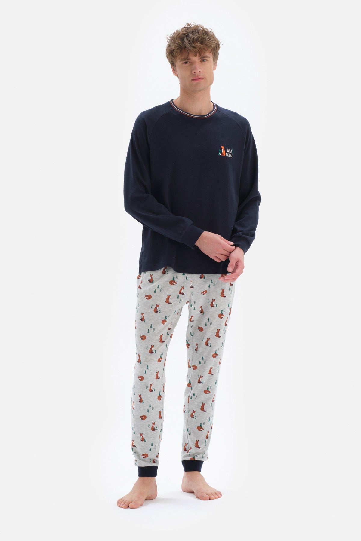 Lacivert Reglan Kol Bisiklet Yaka Pijama Takımı