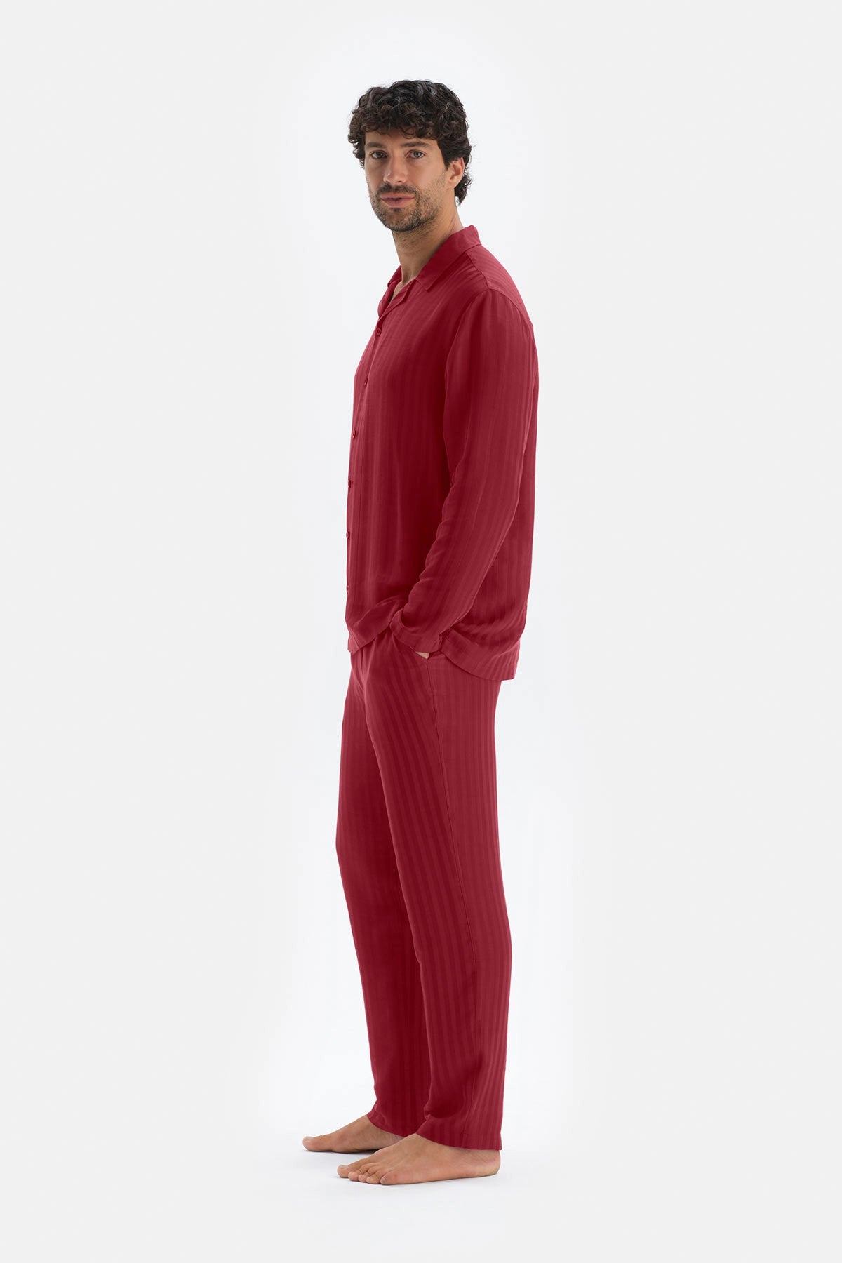 Bordo Uzun Kol Ceket Yaka Saten Pijama Takımı