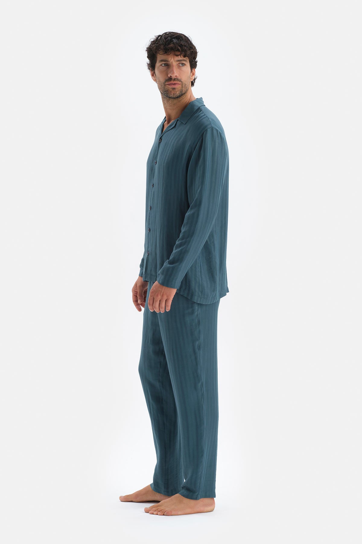 Petrol Uzun Kol Ceket Yaka Saten Pijama Takımı