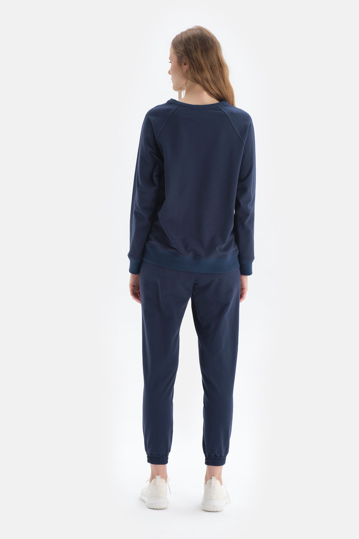 Lacivert Uzun Kol Bisiklet Yaka Pamuklu Sweatshirt