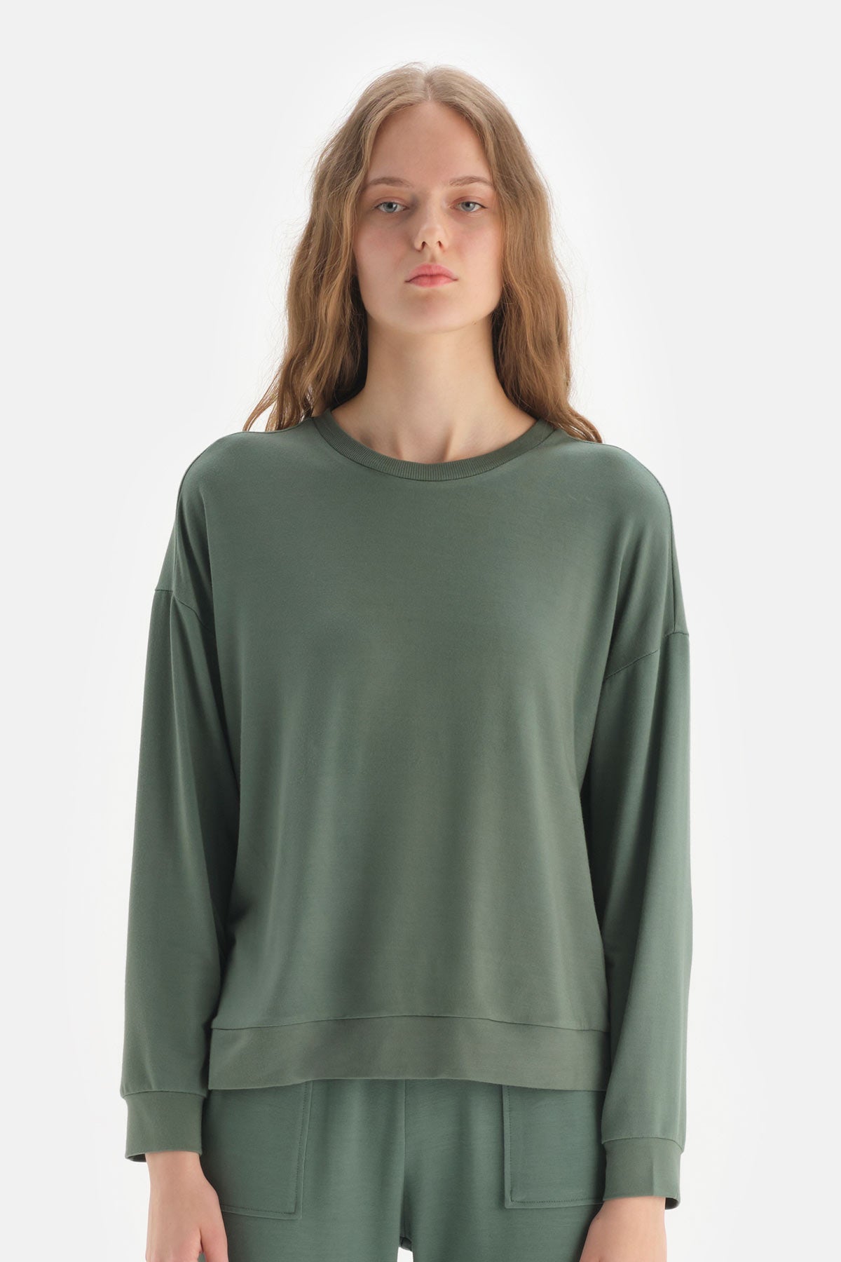 Yeşil Bisiklet Yaka Uzun Kol Sweatshirt