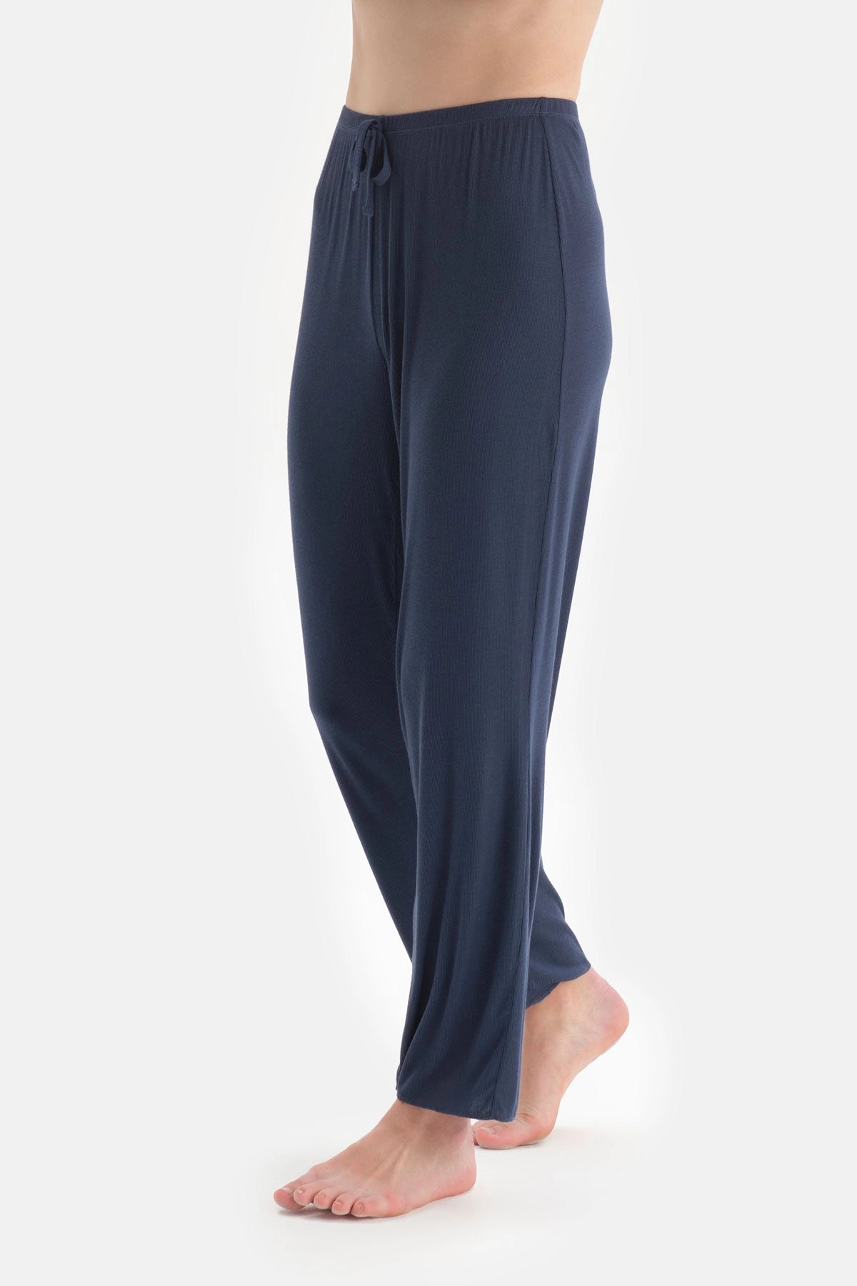 Lacivert Uzun Kol V Yaka Büzgülü Viskon Pijama Takımı