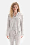 Ekru Ekoseli Ceket Yaka Pamuklu Pijama Takımı