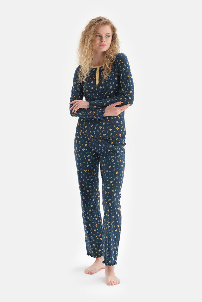 Lacivert Desenli Uzun Kol Pamuklu Pijama Takımı