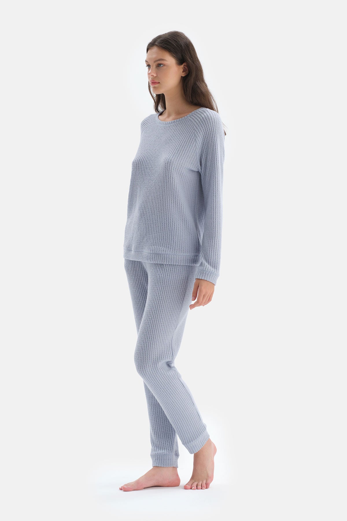 Mavi Bisiklet Yaka Reglan Kol Pijama Takımı