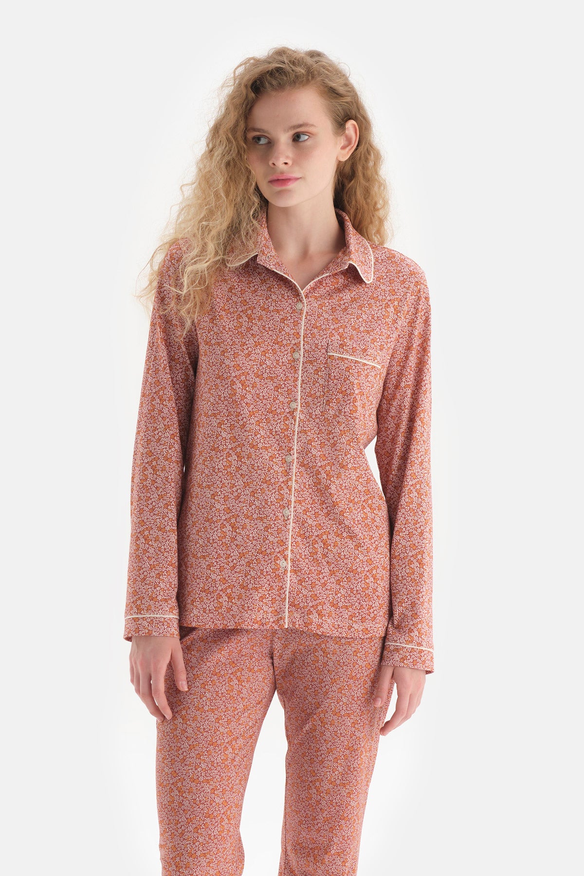 Kiremit Çiçek Baskılı Bebe Yaka Pamuklu Pijama Takımı