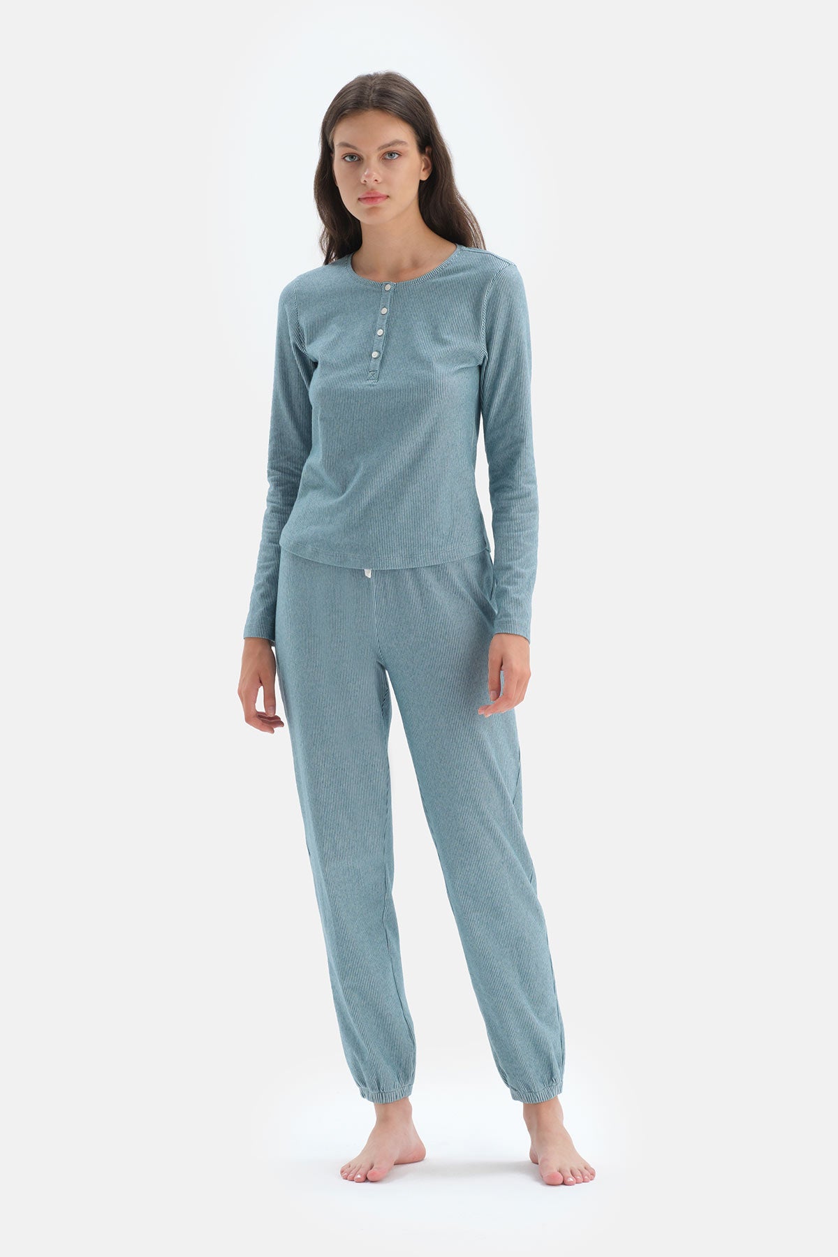 Mavi Uzun Kol Düğmeli Pijama Takımı