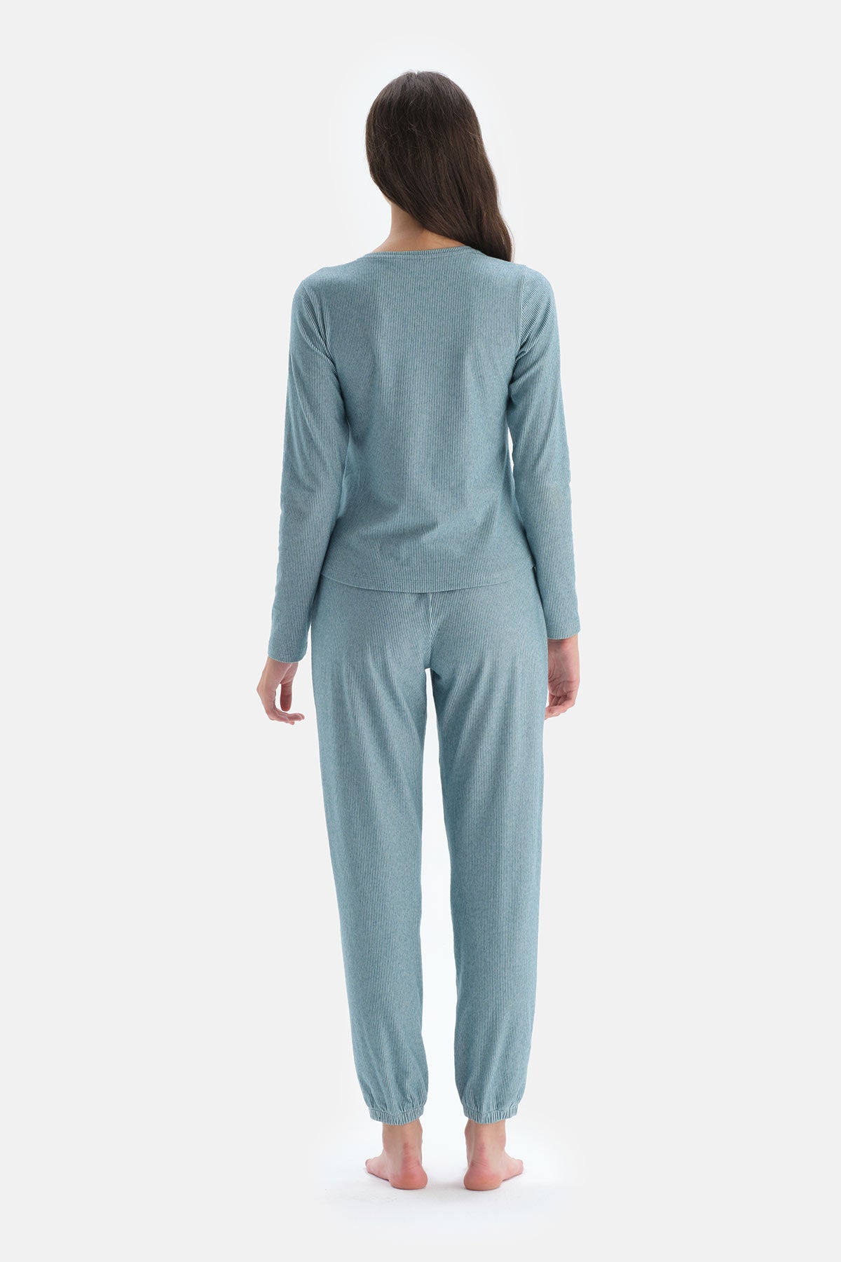 Mavi Uzun Kol Düğmeli Pijama Takımı