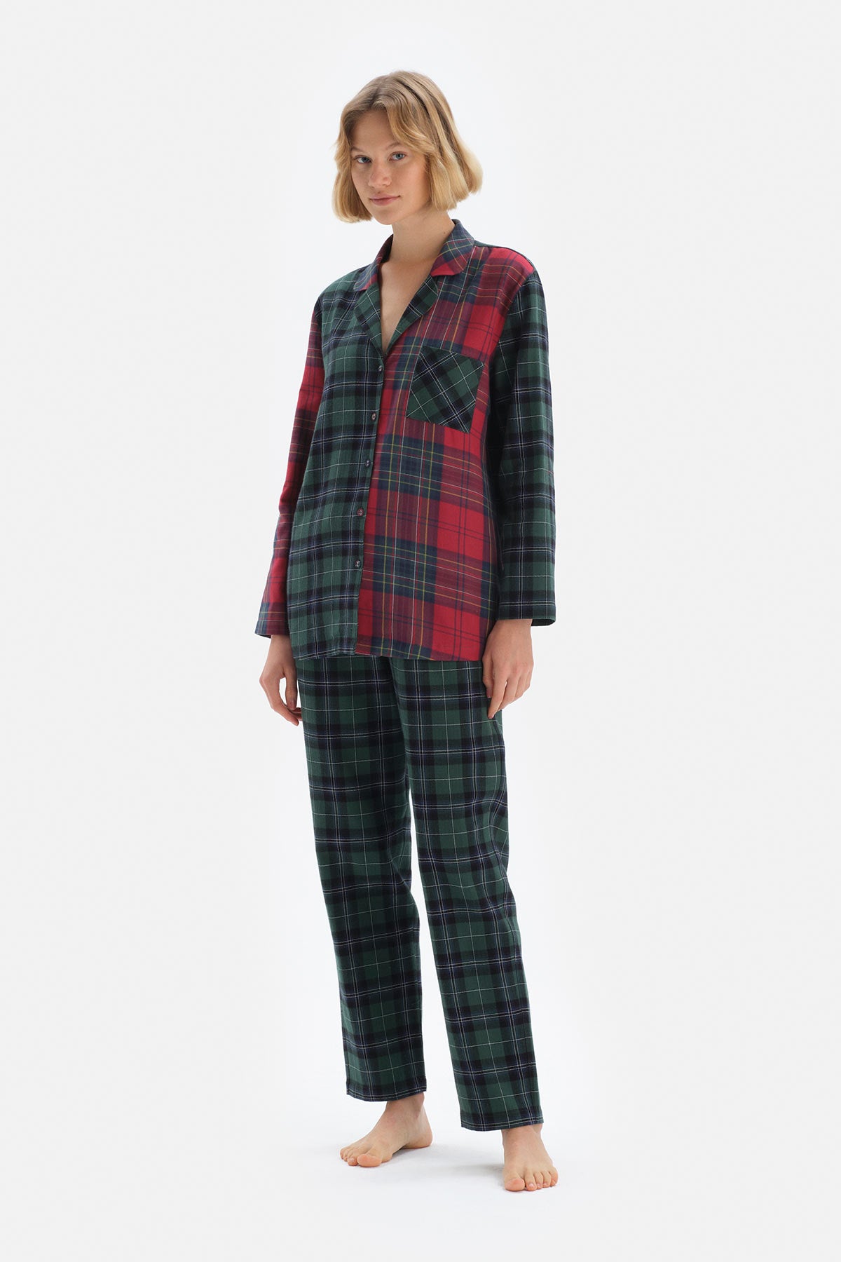 Yeşil Ceket Yaka Ekoseli Pamuklu Pijama Takımı