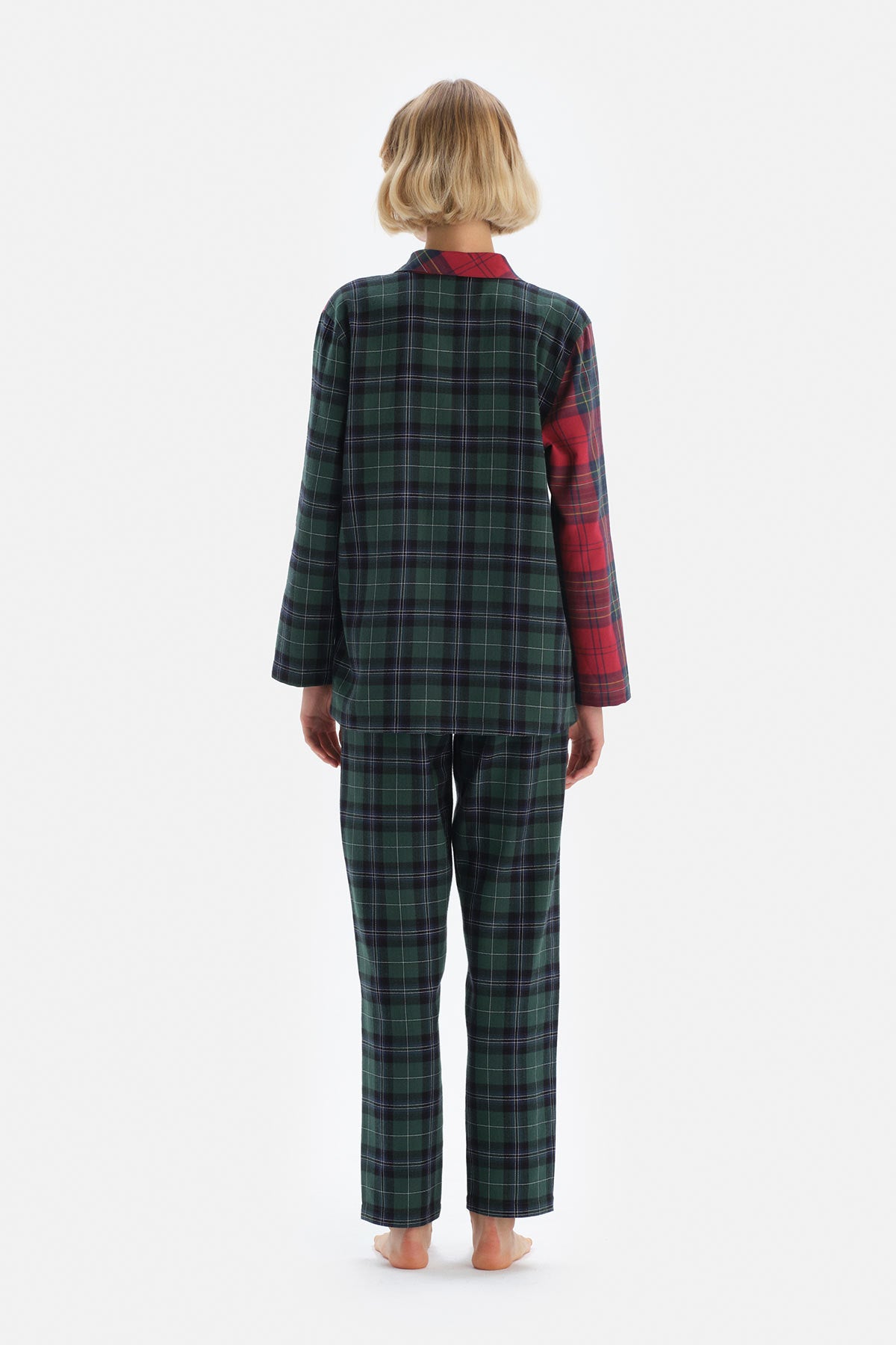 Yeşil Ceket Yaka Ekoseli Pamuklu Pijama Takımı