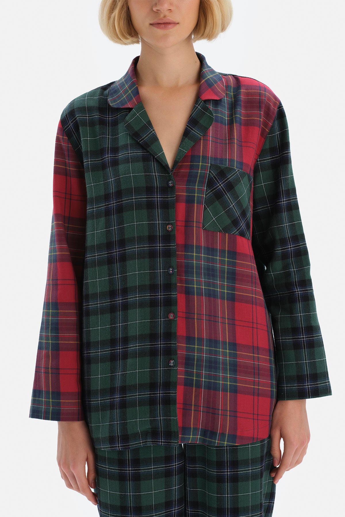 Yeşil Ceket Yaka Ekoseli Pamuklu Pijama Takımı