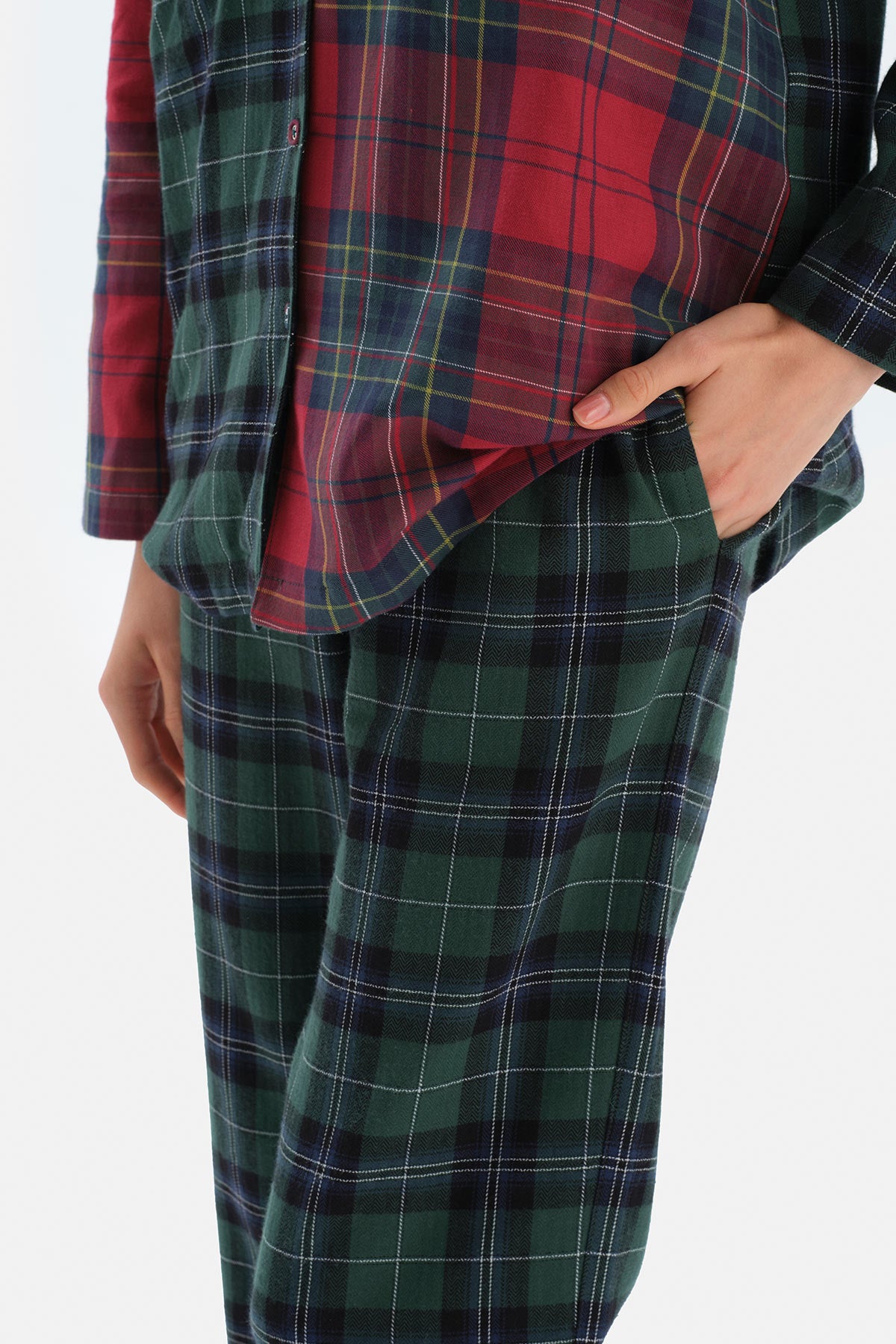Yeşil Ceket Yaka Ekoseli Pamuklu Pijama Takımı