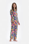 Multicolour Metraj Baskılı Gömlek Yaka Saten Pijama Takımı