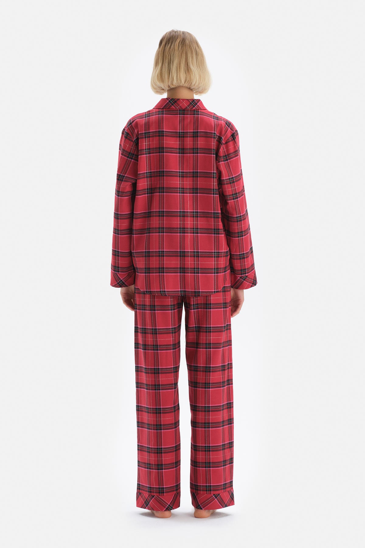 Kırmızı Ekoseli Ceket Yaka Pamuklu Pijama Takımı