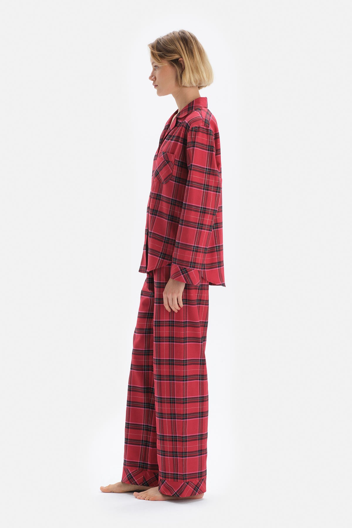 Kırmızı Ekoseli Ceket Yaka Pamuklu Pijama Takımı
