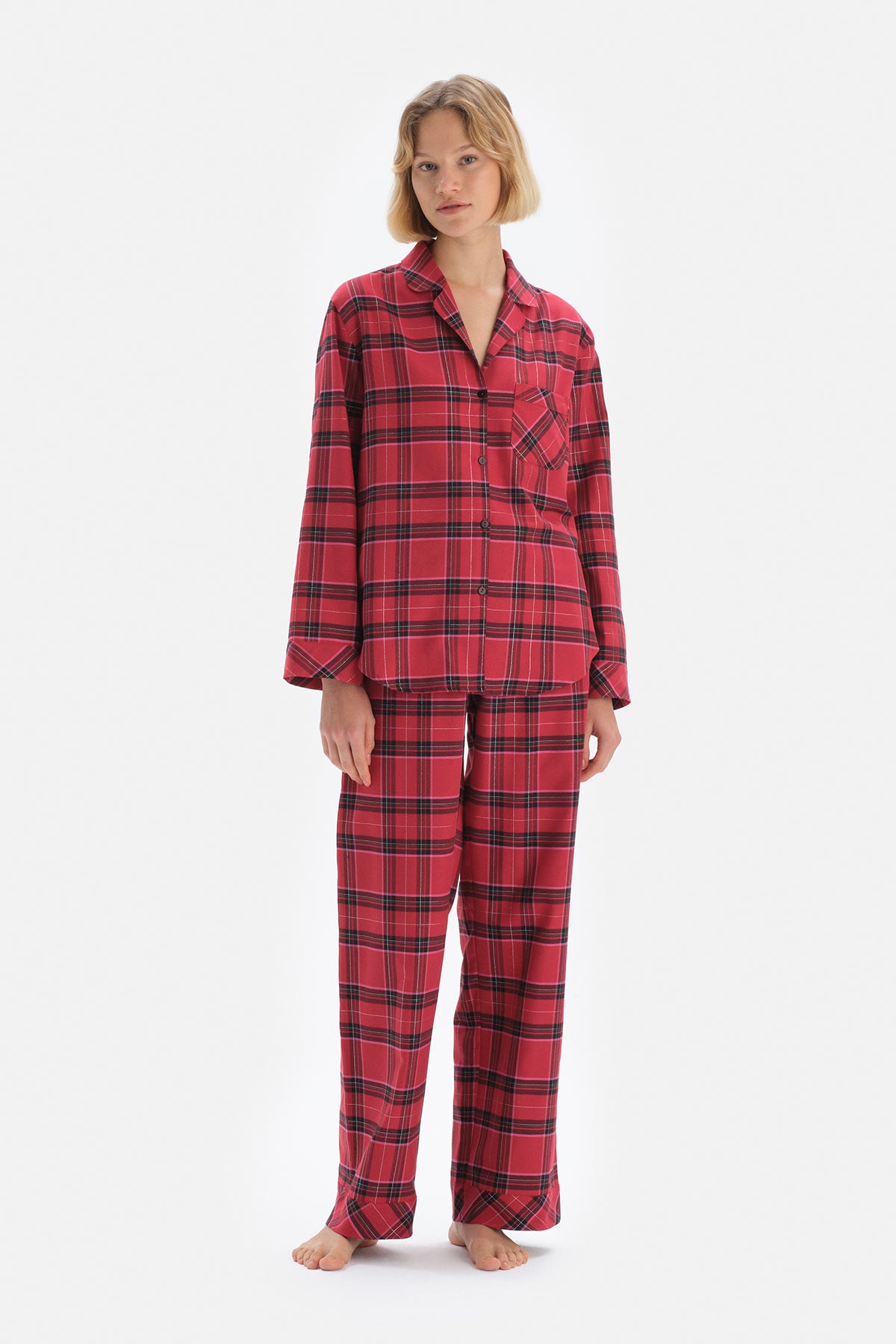 Kırmızı Ekoseli Ceket Yaka Pamuklu Pijama Takımı