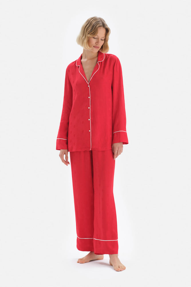 Kırmızı Uzun Kol Ceket Yaka Saten Pijama Takımı