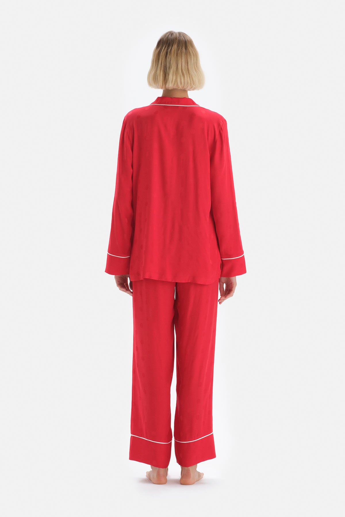 Kırmızı Uzun Kol Ceket Yaka Saten Pijama Takımı