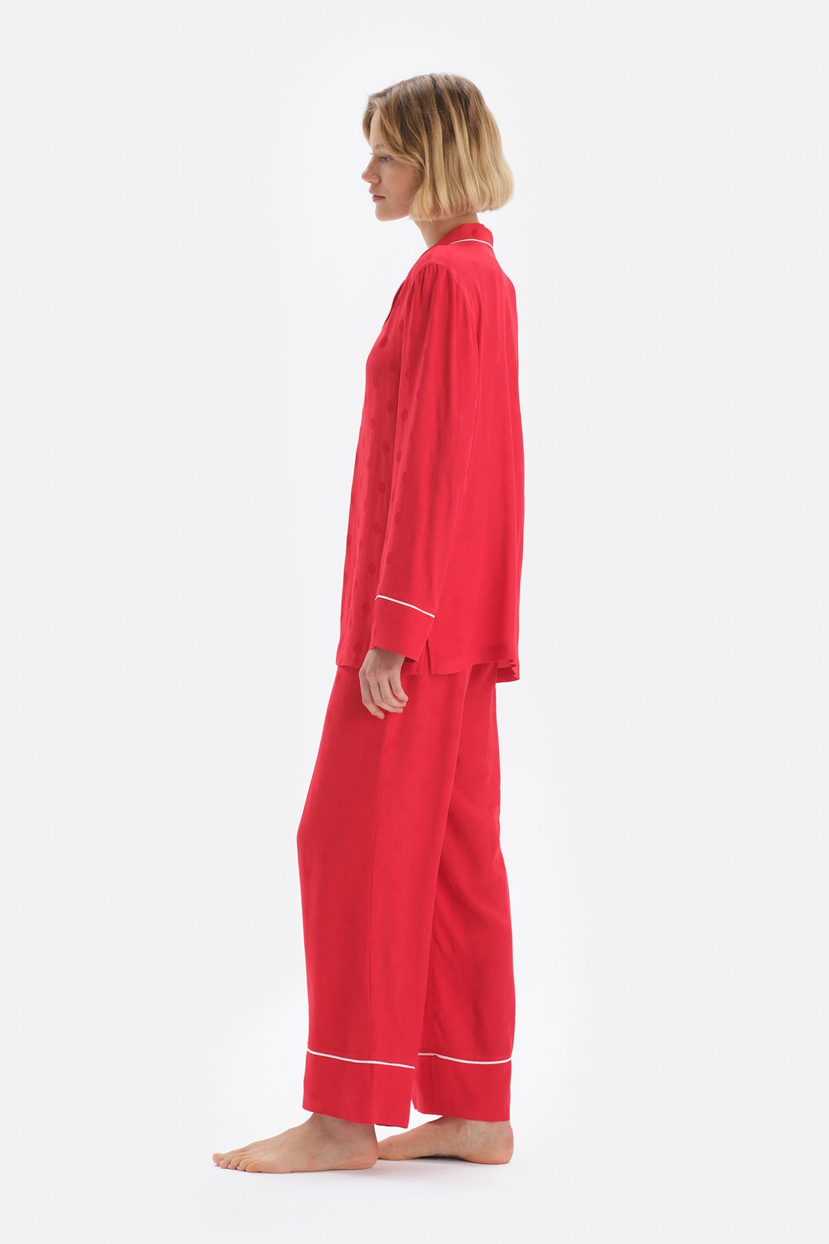 Kırmızı Uzun Kol Ceket Yaka Saten Pijama Takımı