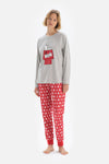 Gri Bisiklet Yaka Reglan Kol Snoopy Baskılı Lisanslı Pijama Takımı