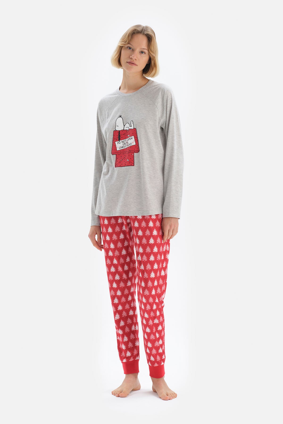 Gri Bisiklet Yaka Reglan Kol Snoopy Baskılı Lisanslı Pijama Takımı