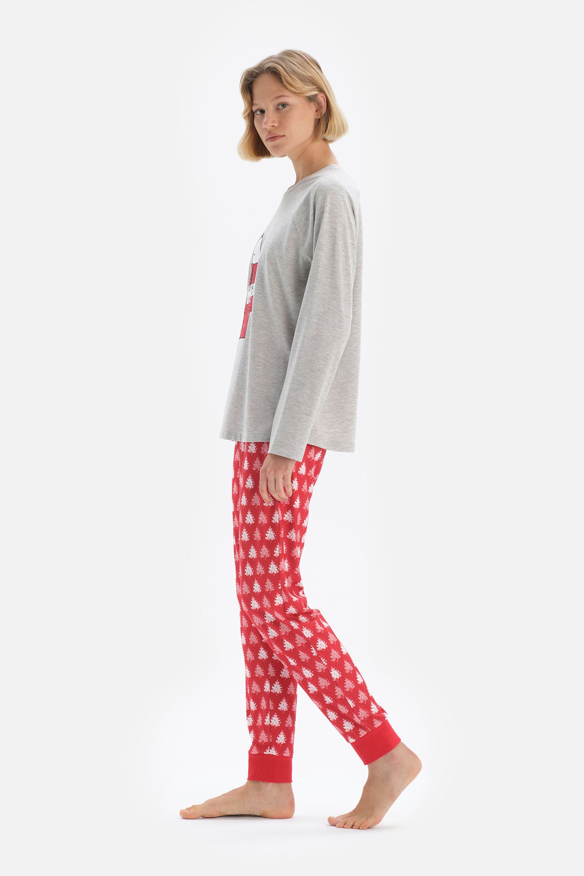 Gri Bisiklet Yaka Reglan Kol Snoopy Baskılı Lisanslı Pijama Takımı