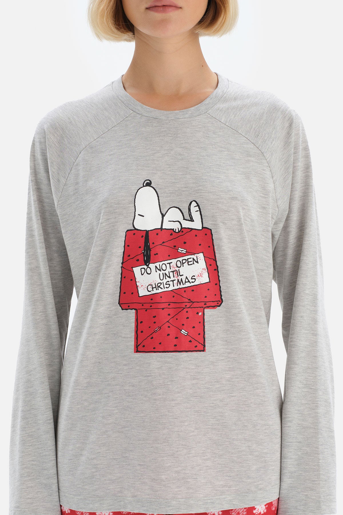 Gri Bisiklet Yaka Reglan Kol Snoopy Baskılı Lisanslı Pijama Takımı