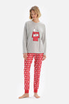 Gri Bisiklet Yaka Reglan Kol Snoopy Baskılı Lisanslı Pijama Takımı