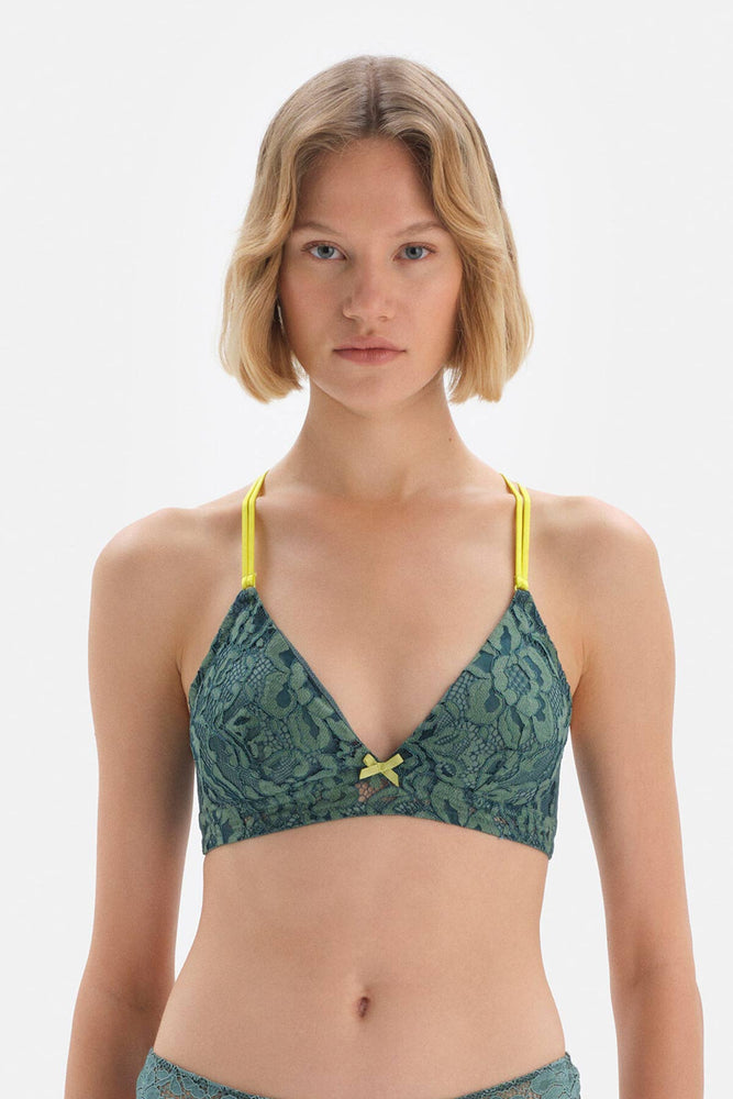 Yeşil Üçgen Tak Çık Kaplı Balensiz File Detaylı Bralet Sütyen