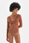Kahverengi Dantel Detaylı String Form Mikro Bodysuit