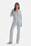 Turkuaz Gömlek Yaka Çiçek Desenli Örme Pijama Takımı