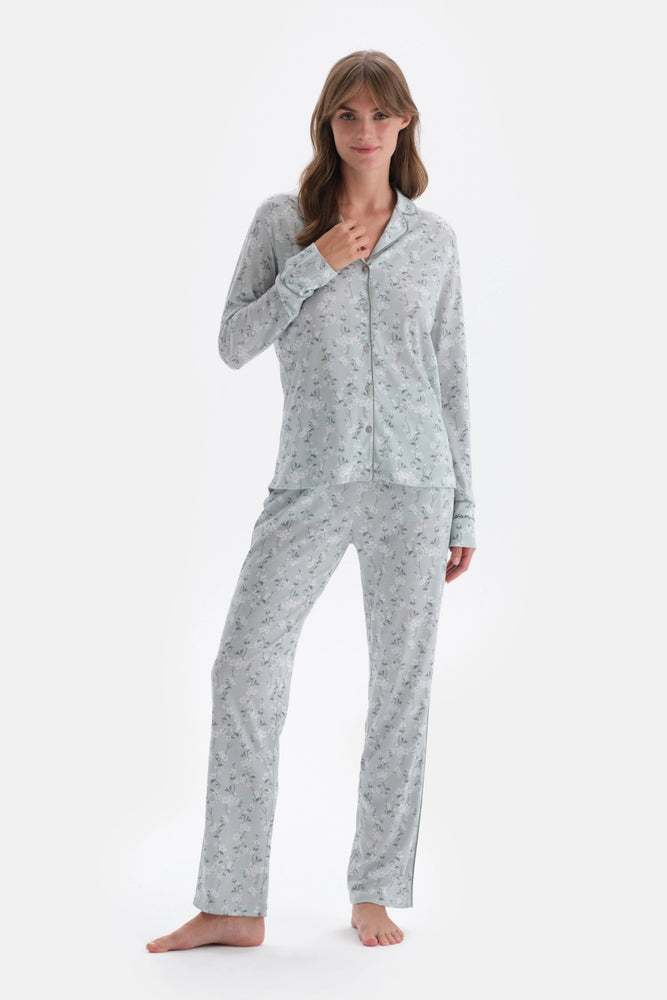 Turkuaz Gömlek Yaka Çiçek Desenli Örme Pijama Takımı
