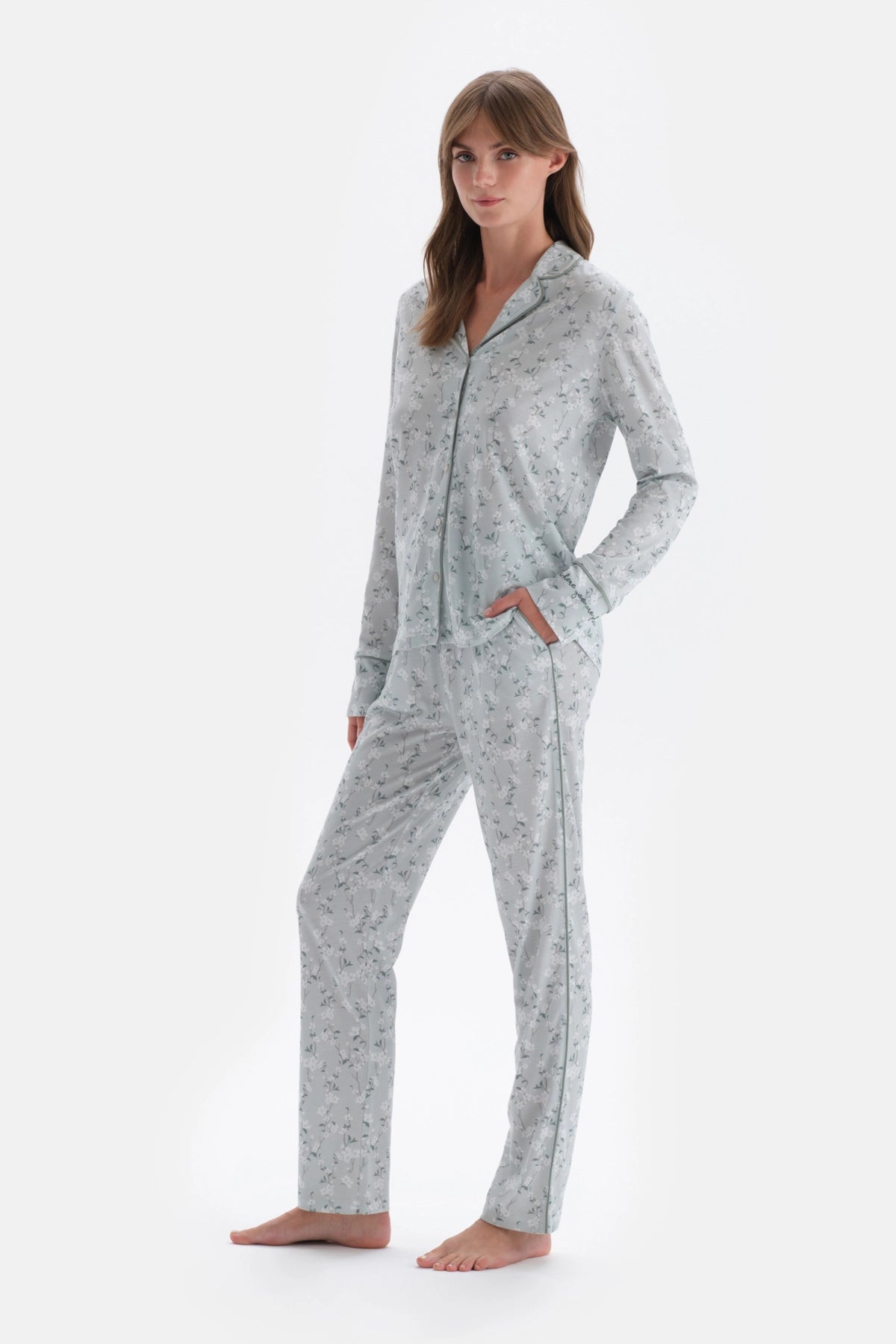 Turkuaz Gömlek Yaka Çiçek Desenli Örme Pijama Takımı