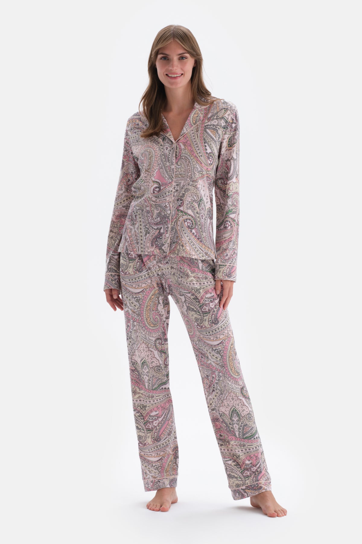 Multicolor Gömlek Yaka Şal Desen Örme Pijama Takımı