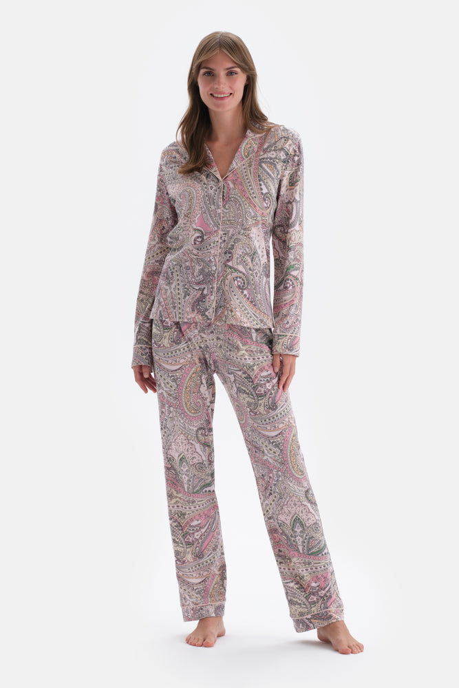 Multicolor Gömlek Yaka Şal Desen Örme Pijama Takımı