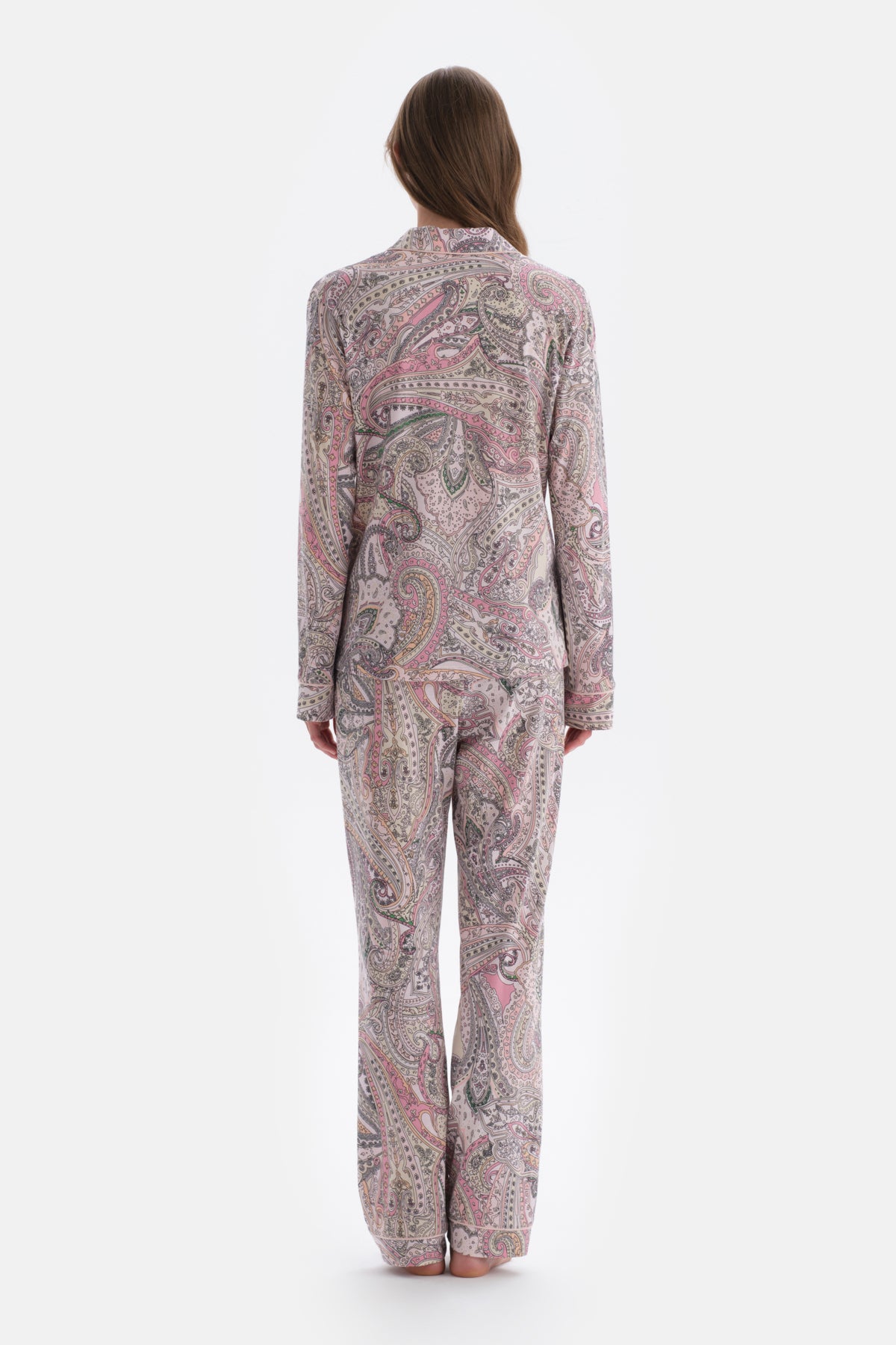 Multicolor Gömlek Yaka Şal Desen Örme Pijama Takımı