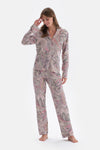 Multicolor Gömlek Yaka Şal Desen Örme Pijama Takımı