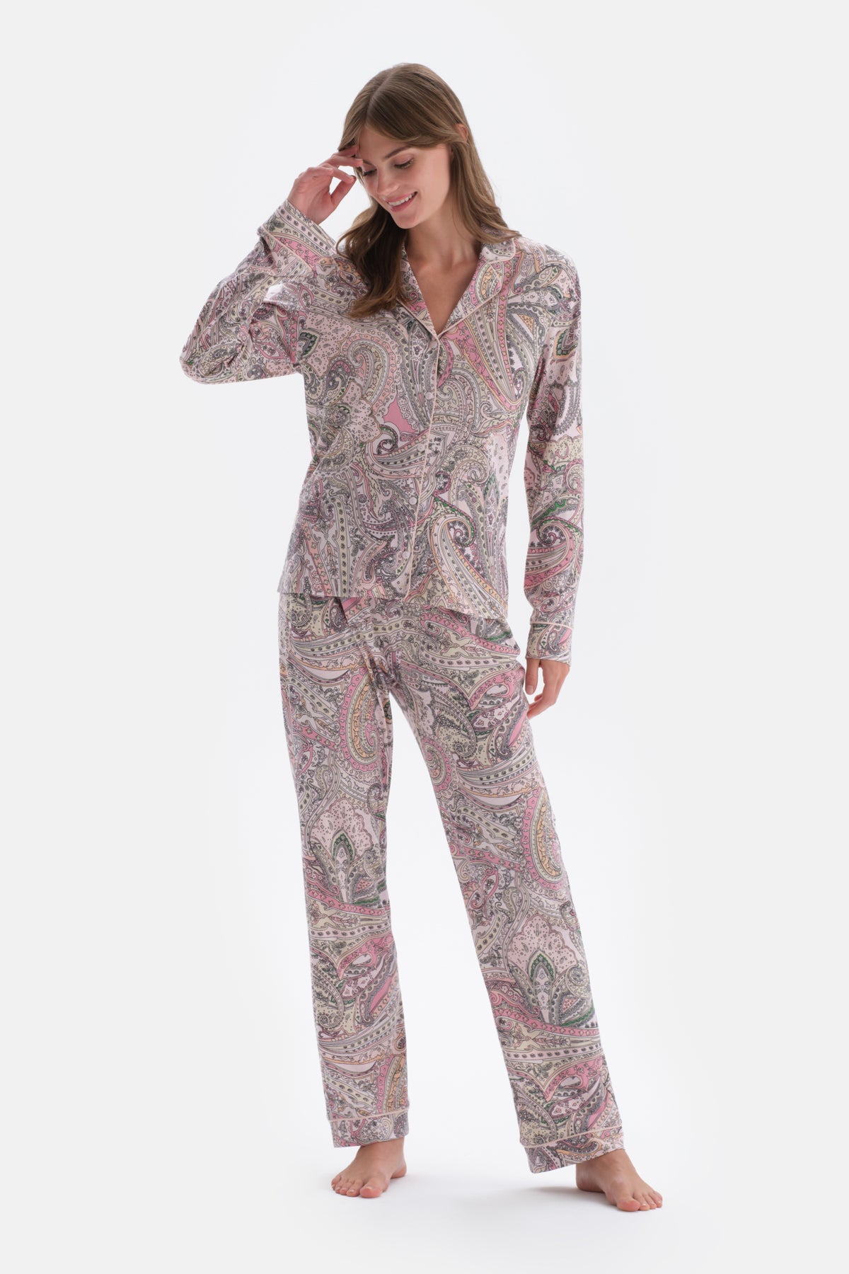 Multicolor Gömlek Yaka Şal Desen Örme Pijama Takımı