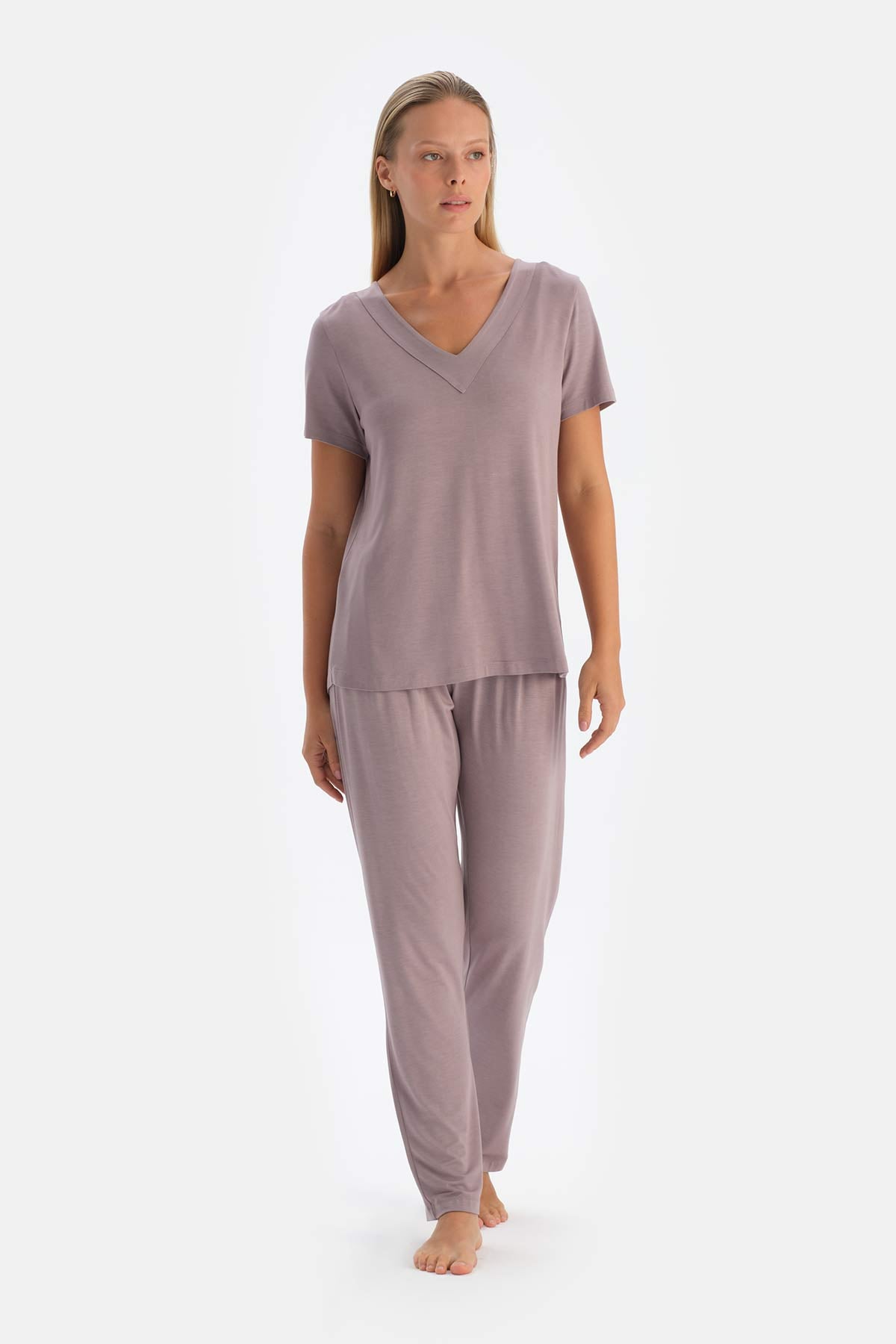 Açık Lila V Yaka Örme Pijama Takımı