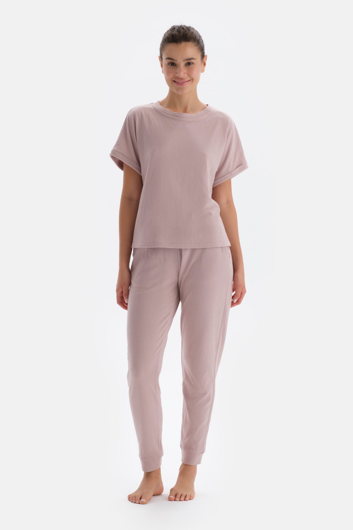 Açık Pembe Kısa Kollu Oversize Jogger Paça Pijama Takımı
