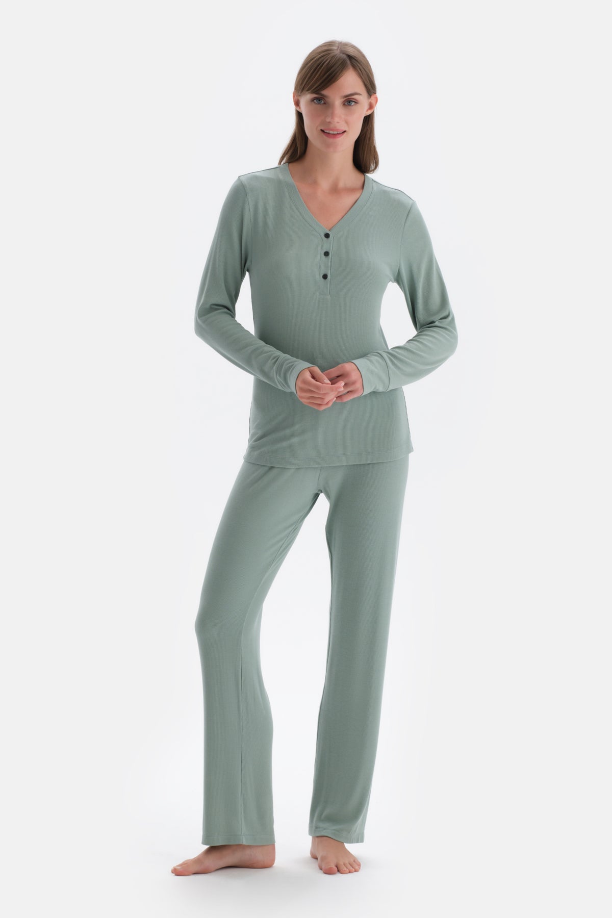 Yeşil Ribli Viskon Örme Pijama Takımı