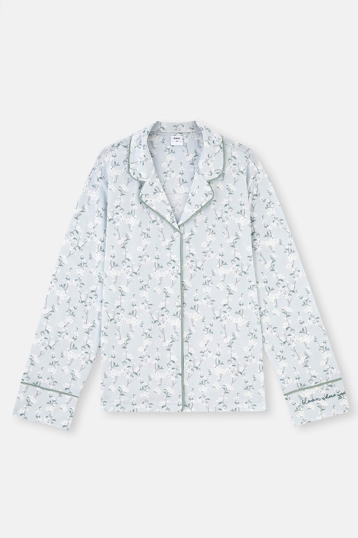 Turkuaz Gömlek Yaka Çiçek Desenli Plus Size Örme Pijama Takımı