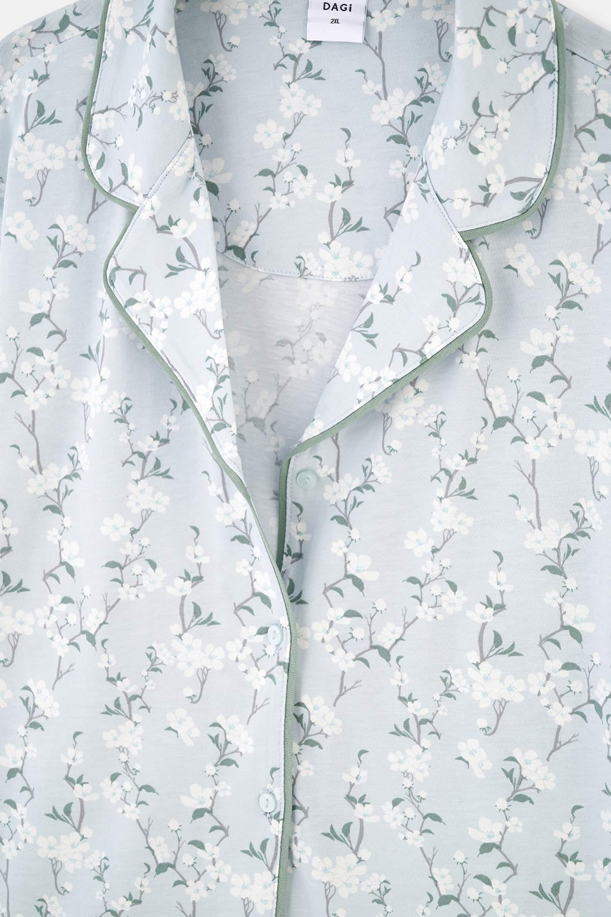 Turkuaz Gömlek Yaka Çiçek Desenli Plus Size Örme Pijama Takımı